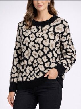 Vince Camuto Black and Cream Leopard Print Crewneck Sweater